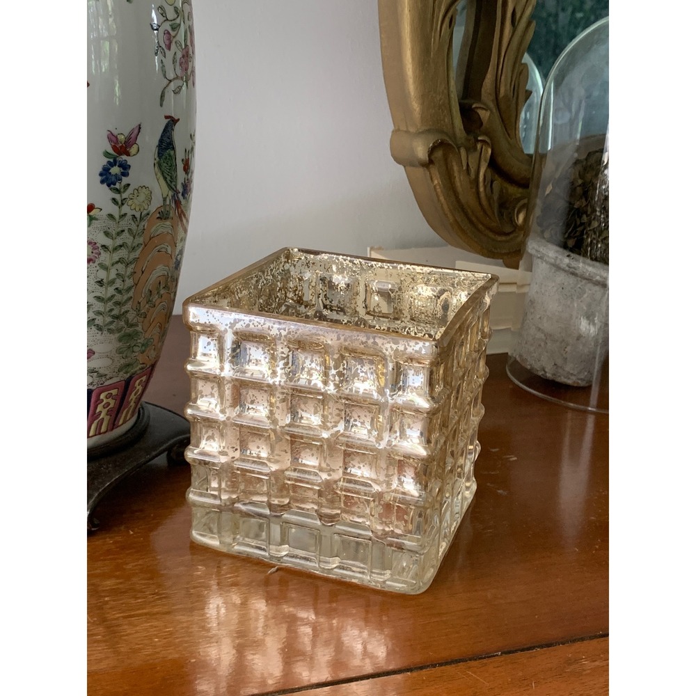 Mercury Glass Gold Square Waffle Grid Candle Holder Vase Hollywood Regency 4.5in